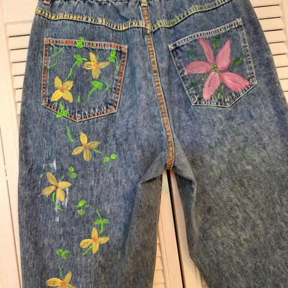 RARE VTG 1980's cotton hi waist pleated boho painted ladybug flor jeans sz 8P *V - Picture 3 of 8